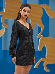 TATYANA Zip Up Drop Shoulder Pocket Patched Chain Detail Dress - Multicolor - View 6