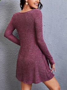 SHEIN Vestido manga larga tejido de canalé sin cinturón - Burdeos - Ver 2
