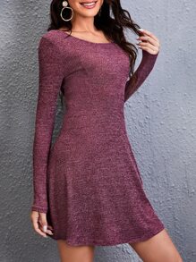 SHEIN Vestido manga larga tejido de canalé sin cinturón - Burdeos - Ver 5