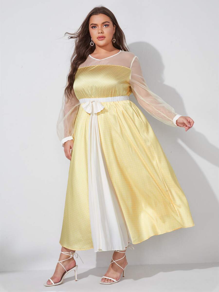 THUNDER Váy satin màu vàng bơ có nơ chấm bi lưới chèn phía trước - Màu vàng - Xem 1