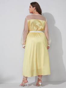 THUNDER Váy satin màu vàng bơ có nơ chấm bi lưới chèn phía trước - Màu vàng - Xem 2