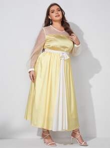 THUNDER Váy satin màu vàng bơ có nơ chấm bi lưới chèn phía trước - Màu vàng - Xem 3