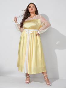 THUNDER Váy satin màu vàng bơ có nơ chấm bi lưới chèn phía trước - Màu vàng - Xem 4