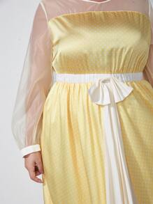 THUNDER Váy satin màu vàng bơ có nơ chấm bi lưới chèn phía trước - Màu vàng - Xem 5