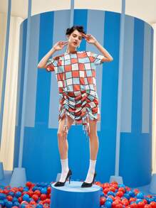 CARSON WONG Plaid Print Cold Shoulder Drawstring Dress - Multicolor - View 3