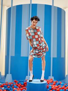 CARSON WONG Plaid Print Cold Shoulder Drawstring Dress - Multicolor - View 4