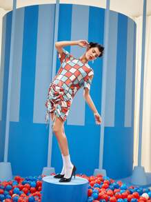 CARSON WONG Plaid Print Cold Shoulder Drawstring Dress - Multicolor - View 6