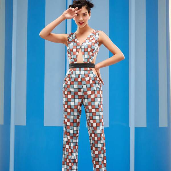 

Plaid Print Cut Out Sleeveless Jumpsuit, Multicolor