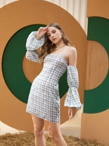 CRIZM 格紋印花一字肩連衣裙 - 彩色 - 查看 1