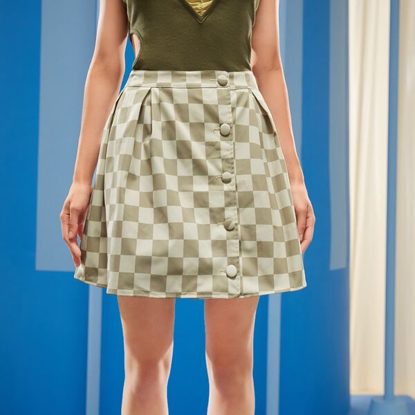 

Gingham Plaid Pleated Skirt, Khaki