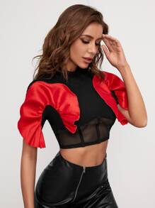 MARÍA PONCE Ruffle Trim Contrast Mesh Crop Top - Black - View 4