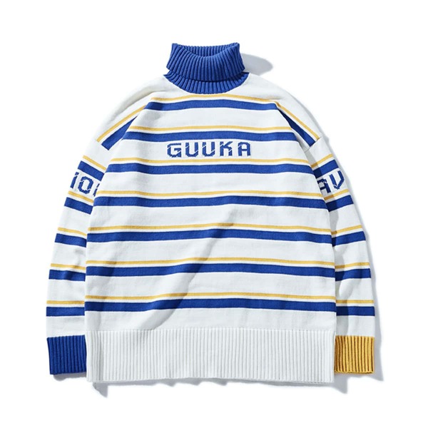 

Men Striped & Letter Pattern Turtleneck Drop Shoulder Sweater, Multicolor