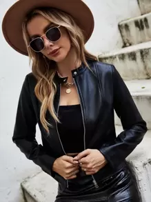 SHEIN Clasi Zip Through PU Leather Jacket In Fall/Winter