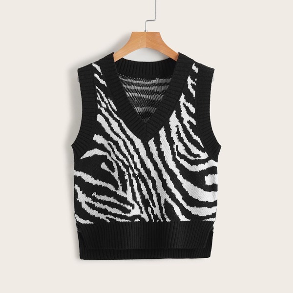 

Zebra Striped Pattern Sweater Vest, Black and white