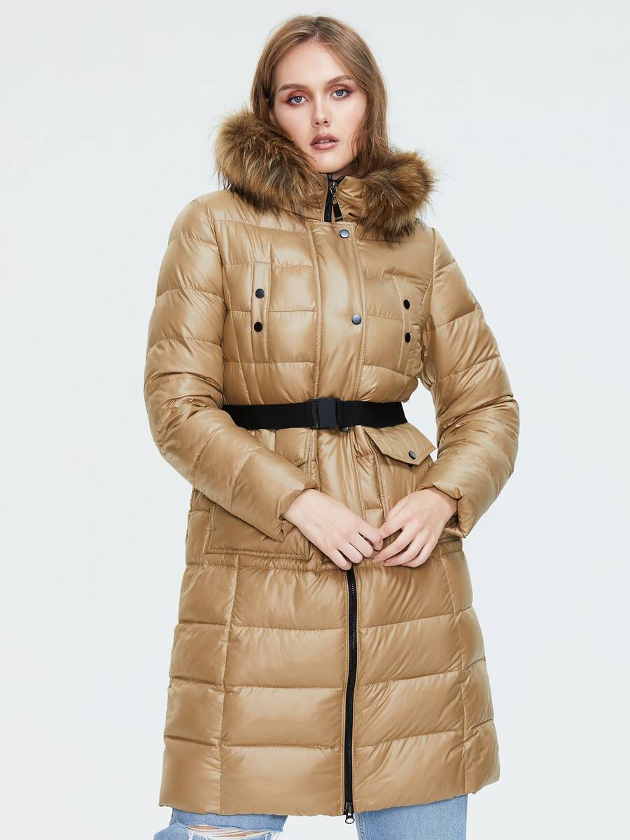 Plus Size Zip Up Flap Pocket Fuzzy Hooded Padded Coat - Khaki - View 1