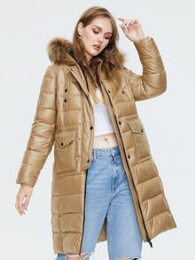 Plus Size Zip Up Flap Pocket Fuzzy Hooded Padded Coat - Khaki - View 5