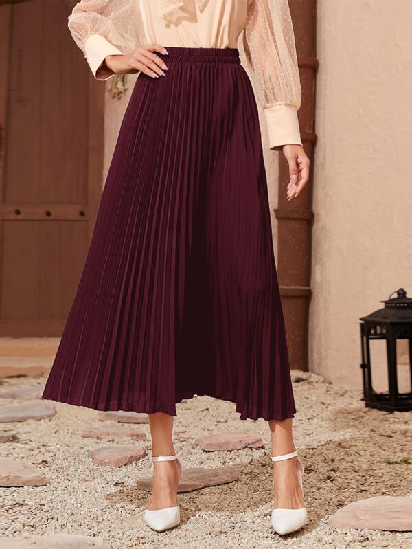 Modelyn Burgundy Red Solid Longline Pleated Skirt Maxi Women Outfit