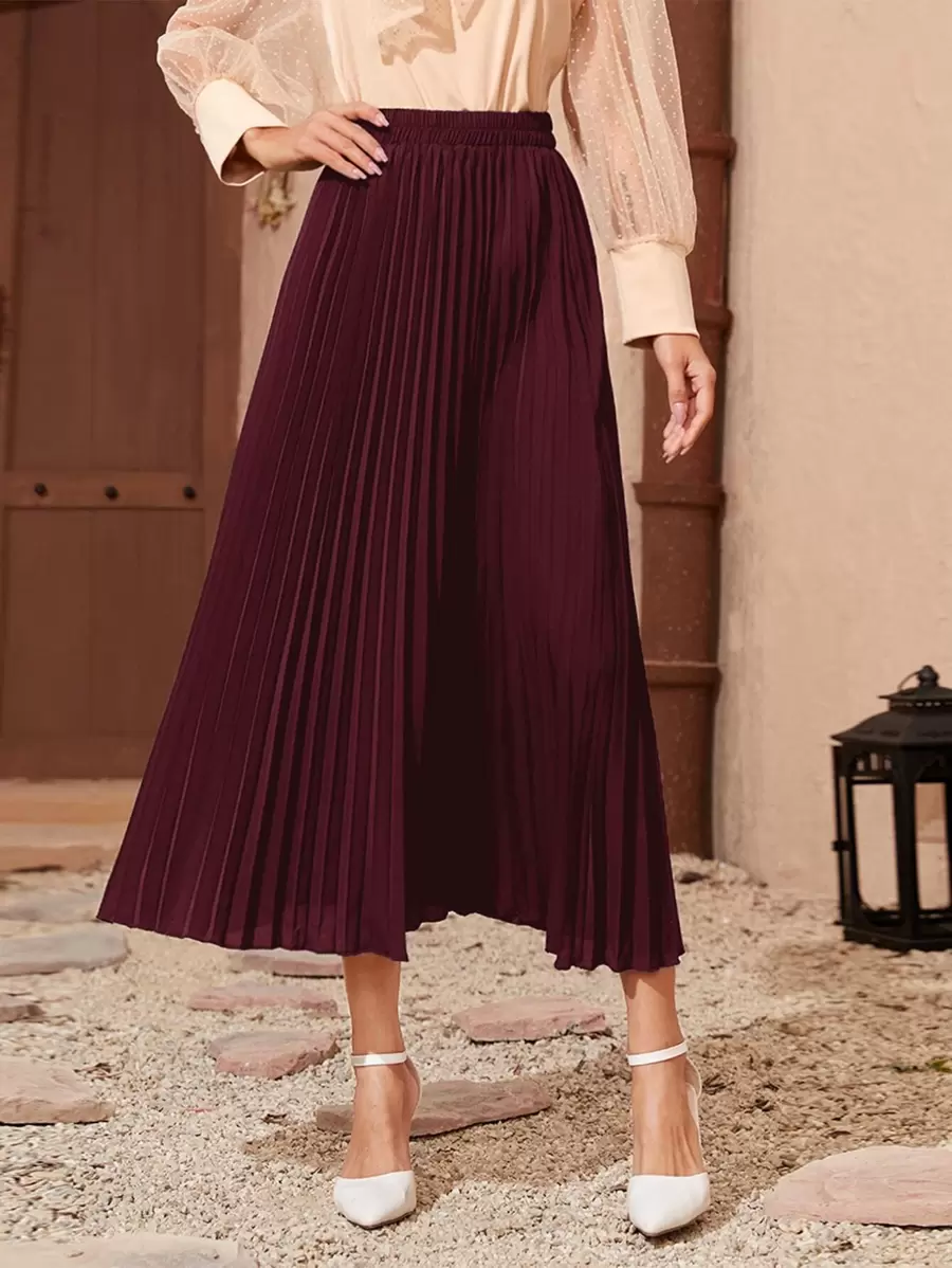 Modelyn Burgundy Red Solid Longline Pleated Skirt Maxi Women Outfit - Burgundy - View 1