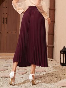 Modelyn Burgundy Red Solid Longline Pleated Skirt Maxi Women Outfit - Burgundy - View 2