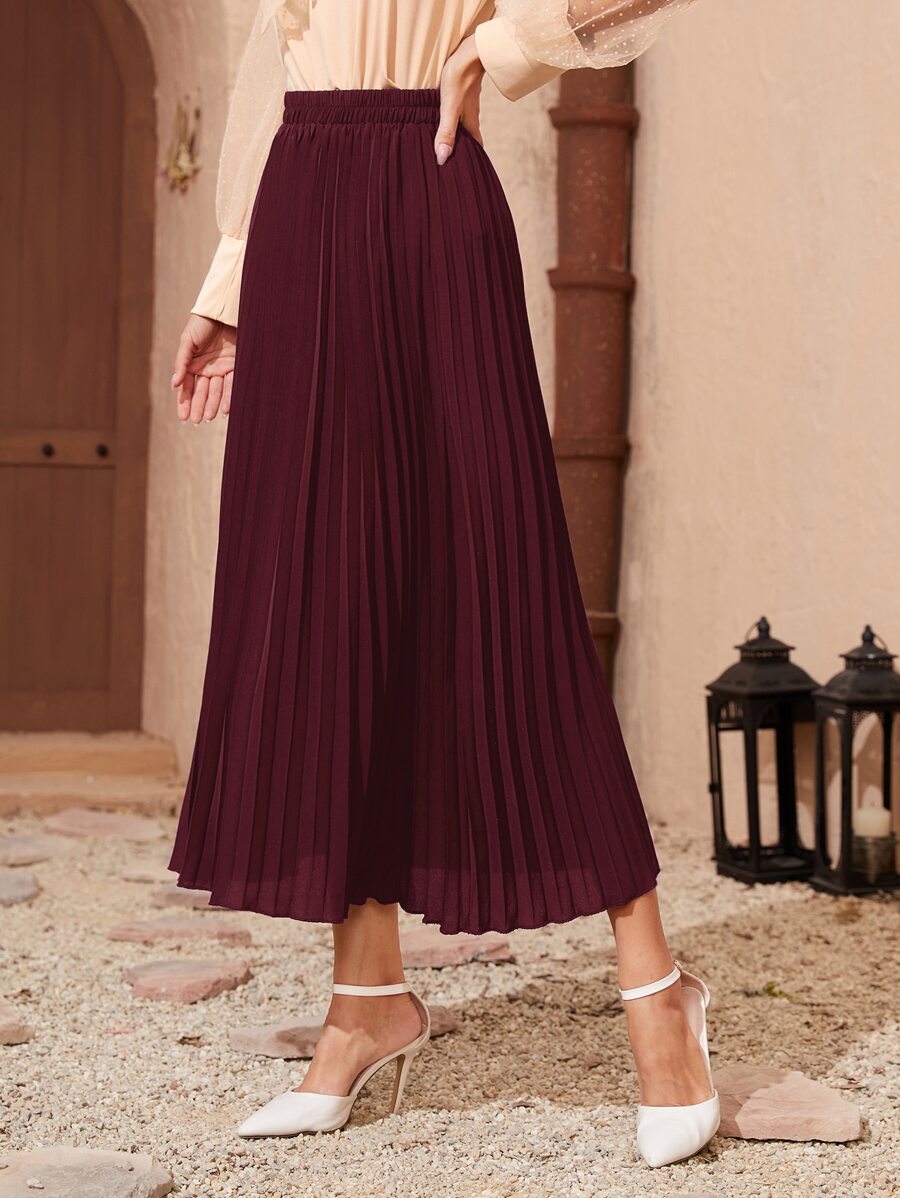 SHEIN Modely Jupe pliss?�e longue bordeaux rouge unicolore pour femme | Mode en ligne | SHEIN FRANCE