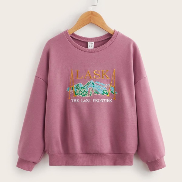 

Girls Drop Shoulder Embroidery Graphic Pullover, Dusty pink