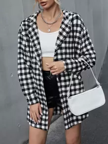 SHEIN Privé Gingham Print Drop Shoulder Hooded Overcoat - Black and White - View 1