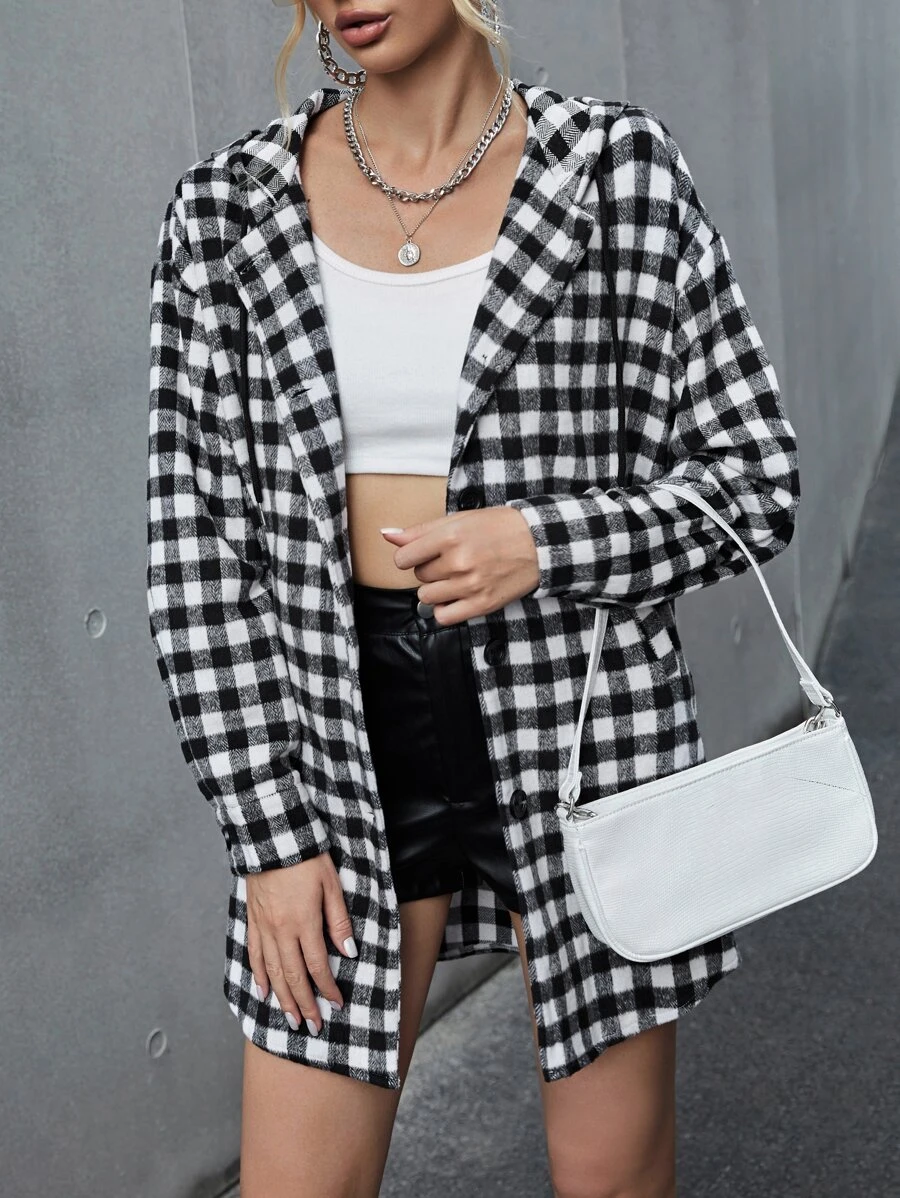 SHEIN Privé Gingham Print Drop Shoulder Hooded Overcoat - Black and White - View 1