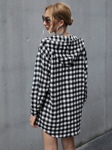 SHEIN Privé Gingham Print Drop Shoulder Hooded Overcoat - Black and White - View 2