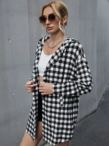 SHEIN Privé Gingham Print Drop Shoulder Hooded Overcoat - Black and White - View 3