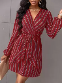 SHEIN SXY Striped Wrap Belted A-line Dress - Burgundy - View 1