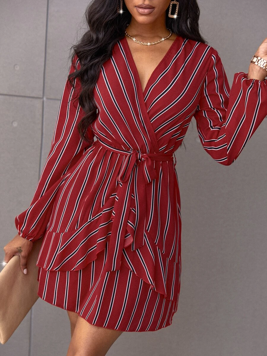 SHEIN SXY Striped Wrap Belted A-line Dress - Burgundy - View 1