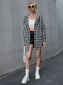 SHEIN Privé Gingham Print Drop Shoulder Hooded Overcoat - Black and White - View 4