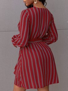 SHEIN SXY Striped Wrap Belted A-line Dress - Burgundy - View 2