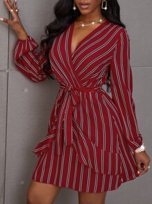 SHEIN SXY Striped Wrap Belted A-line Dress - Burgundy - View 3