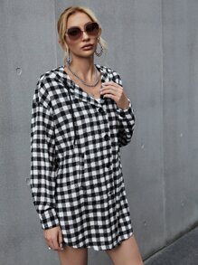 SHEIN Privé Gingham Print Drop Shoulder Hooded Overcoat - Black and White - View 5