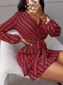 SHEIN SXY Striped Wrap Belted A-line Dress - Burgundy - View 4