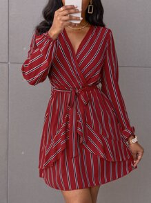 SHEIN SXY Striped Wrap Belted A-line Dress - Burgundy - View 5