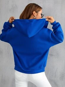 SHEIN Unity 纯色抽绳落肩连帽衫，长袖上衣，适合毕业季、教师节、返校季等场合。 - 寶藍色 - 查看 2