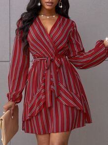 SHEIN SXY Striped Wrap Belted A-line Dress - Burgundy - View 6