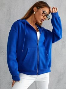 SHEIN Unity 纯色抽绳落肩连帽衫，长袖上衣，适合毕业季、教师节、返校季等场合。 - 寶藍色 - 查看 3