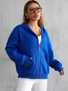 SHEIN Unity 纯色抽绳落肩连帽衫，长袖上衣，适合毕业季、教师节、返校季等场合。 - 寶藍色 - 查看 4
