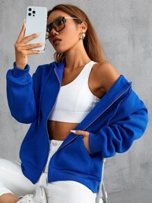 SHEIN Unity 纯色抽绳落肩连帽衫，长袖上衣，适合毕业季、教师节、返校季等场合。 - 寶藍色 - 查看 6