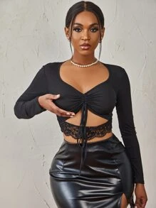 SHEIN SXY Drawstring Ruched Peekaboo Front Lace Detail Crop Top - Black - View 4