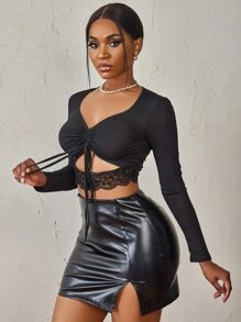 SHEIN SXY Drawstring Ruched Peekaboo Front Lace Detail Crop Top - Black - View 5