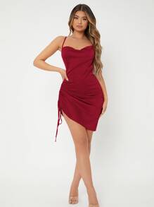 SHEIN SXY Đầm Hội Chữ thập Dây kéo Xù màu trơn Gợi cảm - Màu Đỏ Sâu - Xem 3