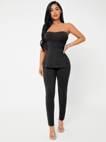 SHEIN SXY Rib-knit M-slit Tube Top & Leggings Set - Black - View 1