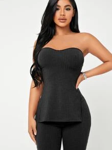 SHEIN SXY Rib-knit M-slit Tube Top & Leggings Set - Black - View 3