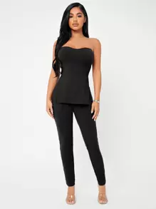 SHEIN SXY Rib-knit M-slit Tube Top & Leggings Set - Black - View 4