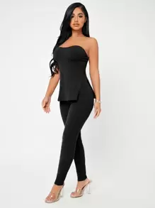 SHEIN SXY Rib-knit M-slit Tube Top & Leggings Set - Black - View 5