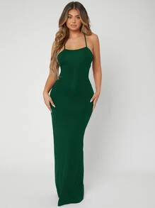 SHEIN SXY 熒光橙露背繫帶連衣裙 - 墨綠色 - 查看 2